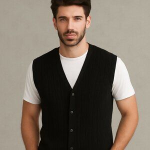 Kalspin Men’s Black Cable-Knit Vest – Size Medium, NWT